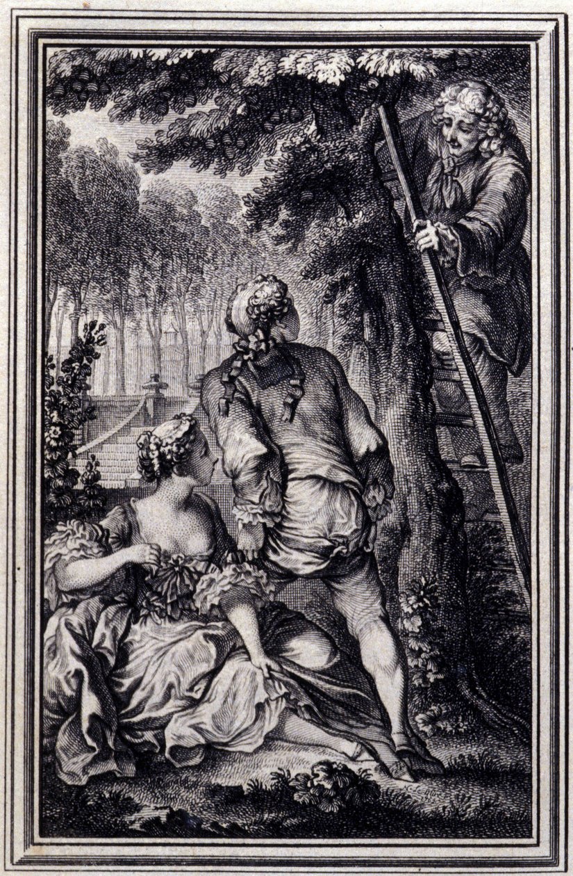 رهان التجار الثلاثة - في "" حكايات وأبيات جديدة "لجين لافونتين. 1776. رسم بي بي شوفارد. بواسطة بيير فيليب شوفارد