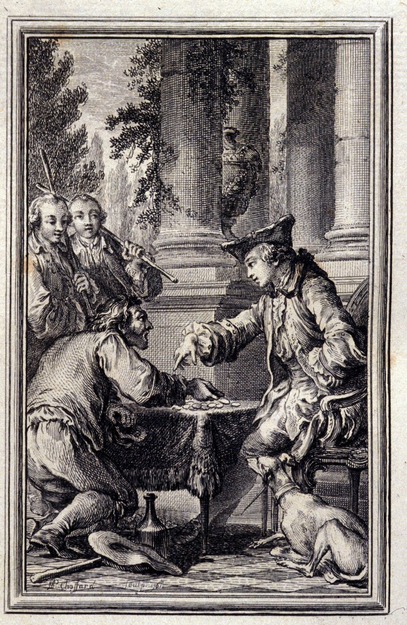 حكاية فلاح أساء إلى ربه - في "حكايات وأخبار في شعر" بقلم جان لافونتين. 1776. رسم بي بي شوفارد. بواسطة بيير فيليب شوفارد