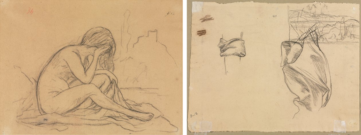 دراسة أنثى عارية (ربما لرسم استعاري غير محقق) (وجه) ؛ دراسات الأقمشة ودراسة المناظر الطبيعية (ظهر) بواسطة بيير بوفيس دي شافان