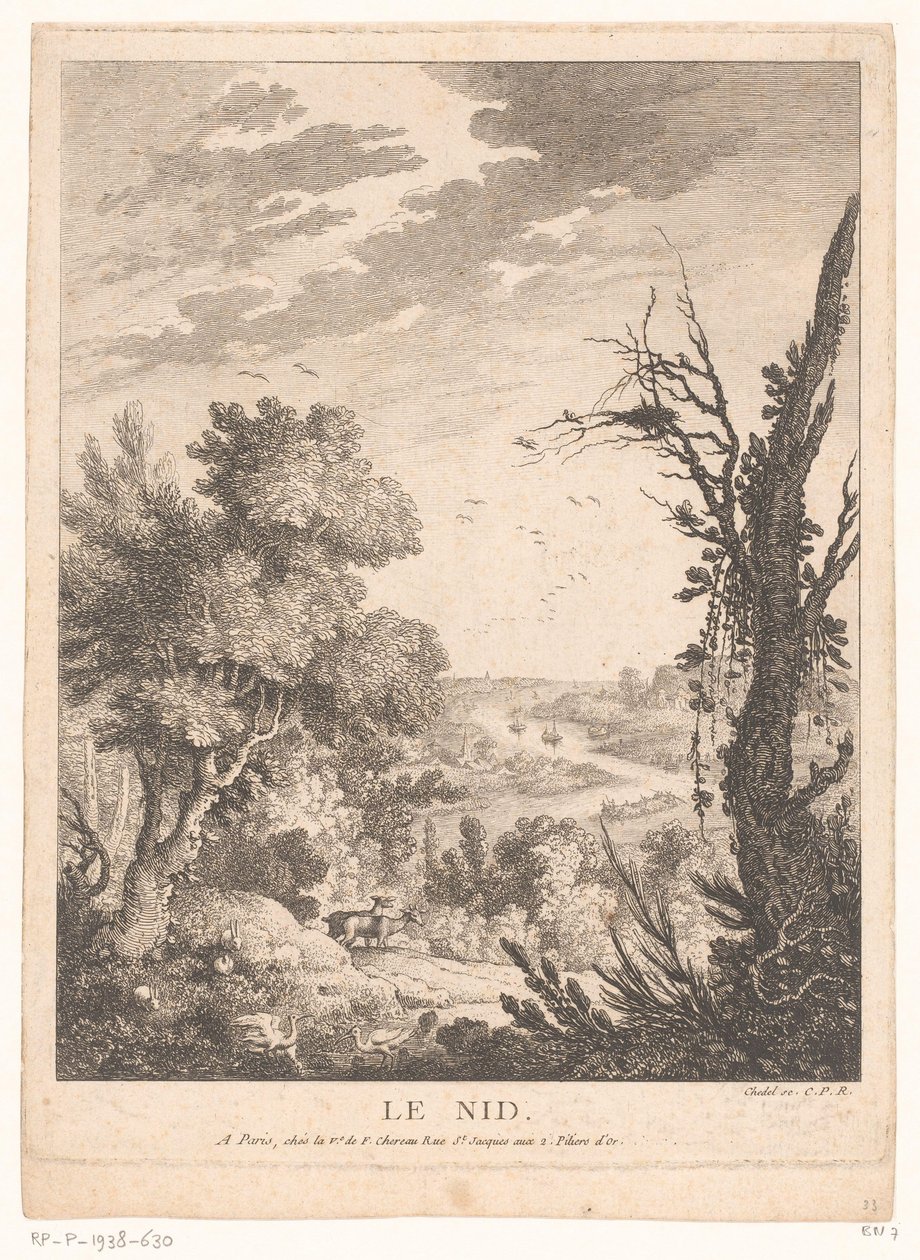 منظر طبيعي مع الغزلان والأرانب والطيور ونهر في الخلفية لو نيد (العنوان على الكائن) بواسطة بيير كوينتين شيديل