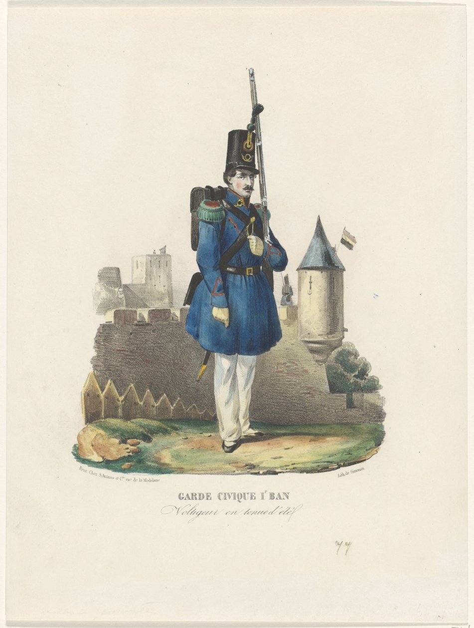 Belgische burgerwacht op wacht ، 1830 Civic Guard 1r Ban / Voltigeur في فستان صيفي (العنوان على الكائن) بواسطة بيير سيموناو