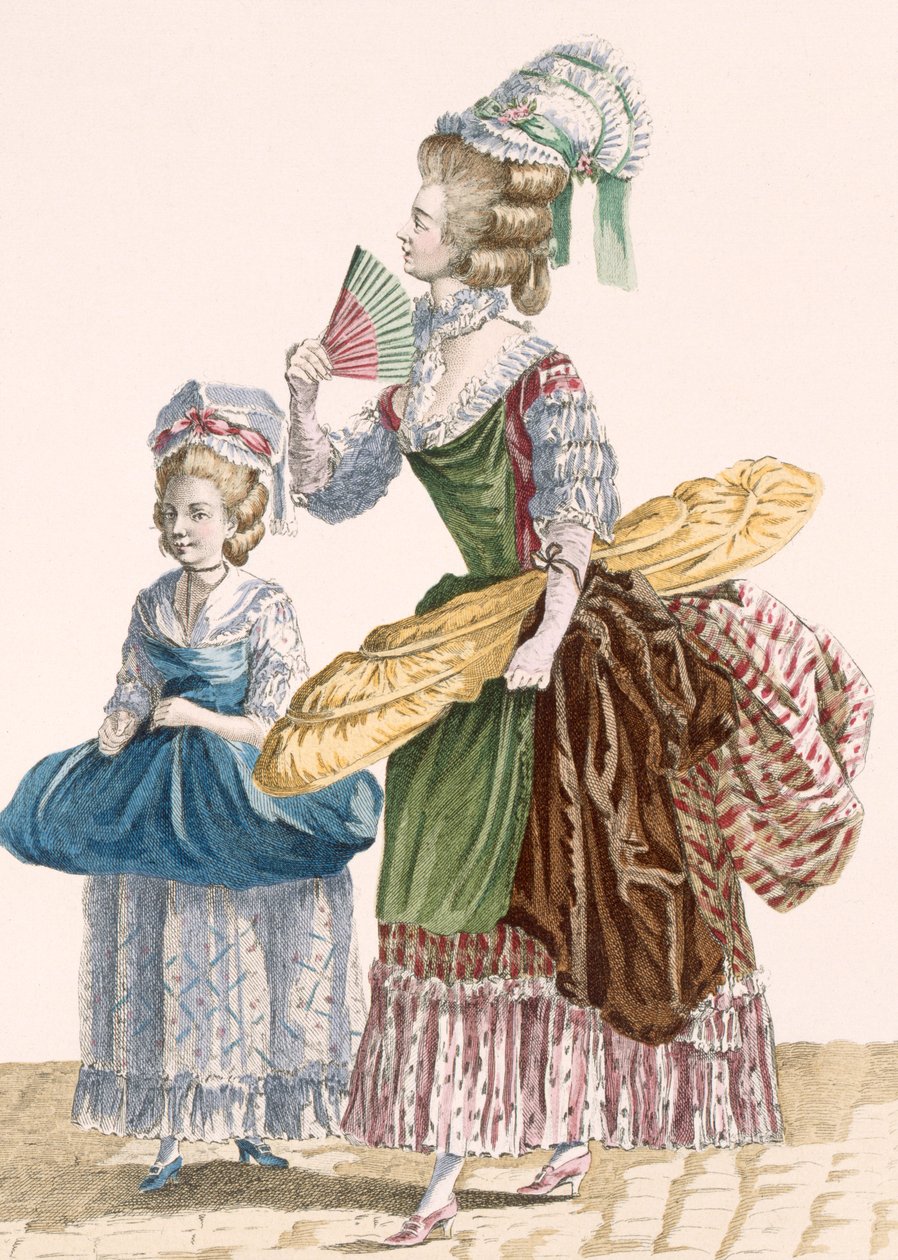 خياط ومساعدها يحملان أدوات التجارة ، نقشها دوبين ، لوحة رقم 25 من "Galeries des Modes et Costumes Francais" ، 1778-87 (نقش ملون) 99: الملابس ؛ لباس تقليدي لباس تقليدي؛ موضه؛ توضيح؛ c18 ؛ فاشوناب بواسطة بيير توماس (بعد) لو كليرك
