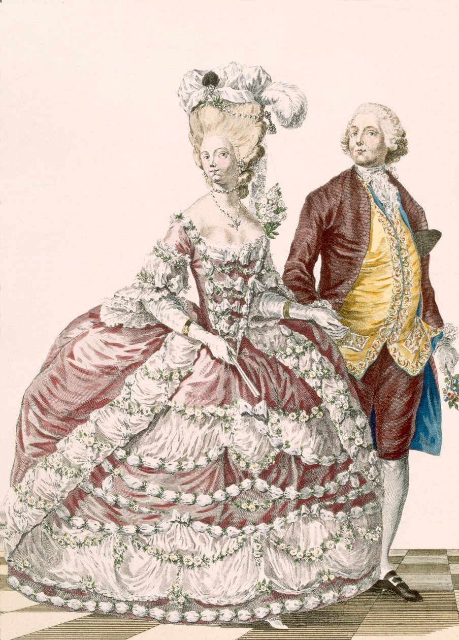 فستان زفاف غير رسمي ، محفور بواسطة دوبين ، اللوحة رقم 88 من "Galeries des Modes et Costumes Francais" ، ج .1778-87 (نقش ملون) 99: الملابس ؛ لباس تقليدي لباس تقليدي؛ موضه؛ توضيح؛ c18 ؛ الموضة؛ ملابس؛ أنثى؛ الذكر؛ جاو بواسطة بيير توماس (بعد) لو كليرك