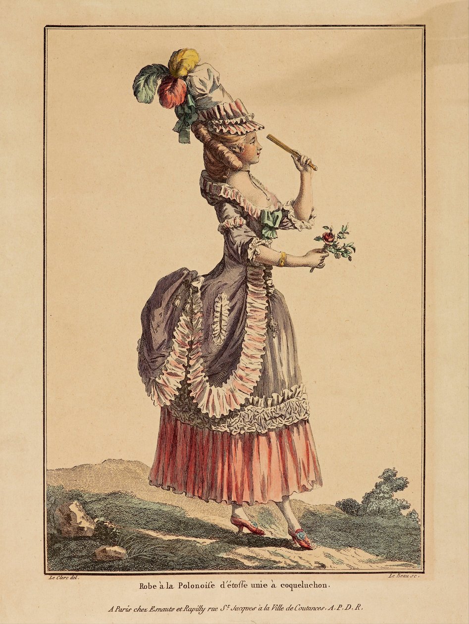 فستان بولونيز مع تنورة قصيرة منسدلة. من Gallerie des Modes et Costumes Francais ، 1778 بواسطة بيير توماس لو كليرك