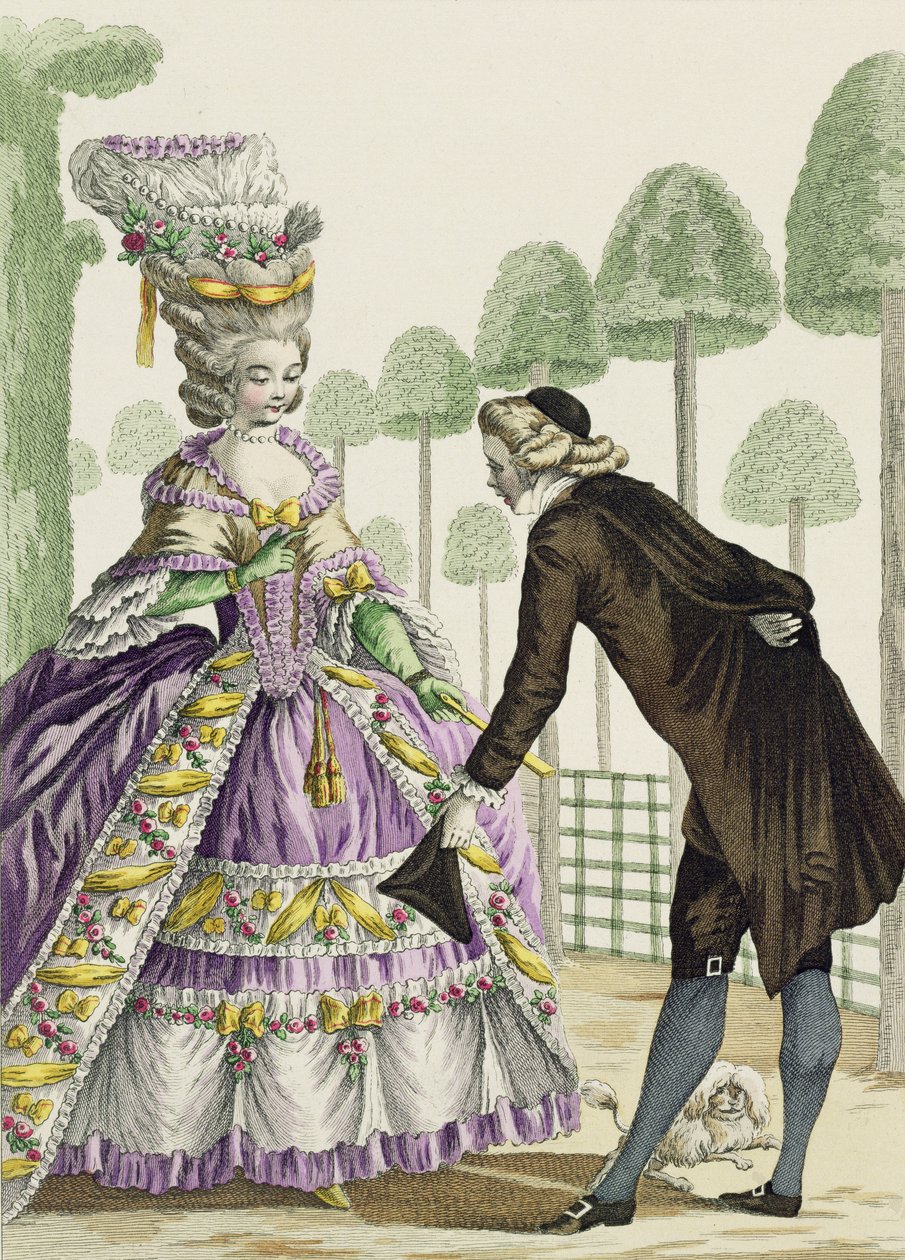 سيدة في منتزه فستان ليلك في حدائق القصر الملكي ، اللوحة 13 من "Galerie des Modes et Costumes Francais" ، محفورة من قبل Etienne Claude Voysard (1746-1812) 1778 بواسطة بيير توماس لو كليرك