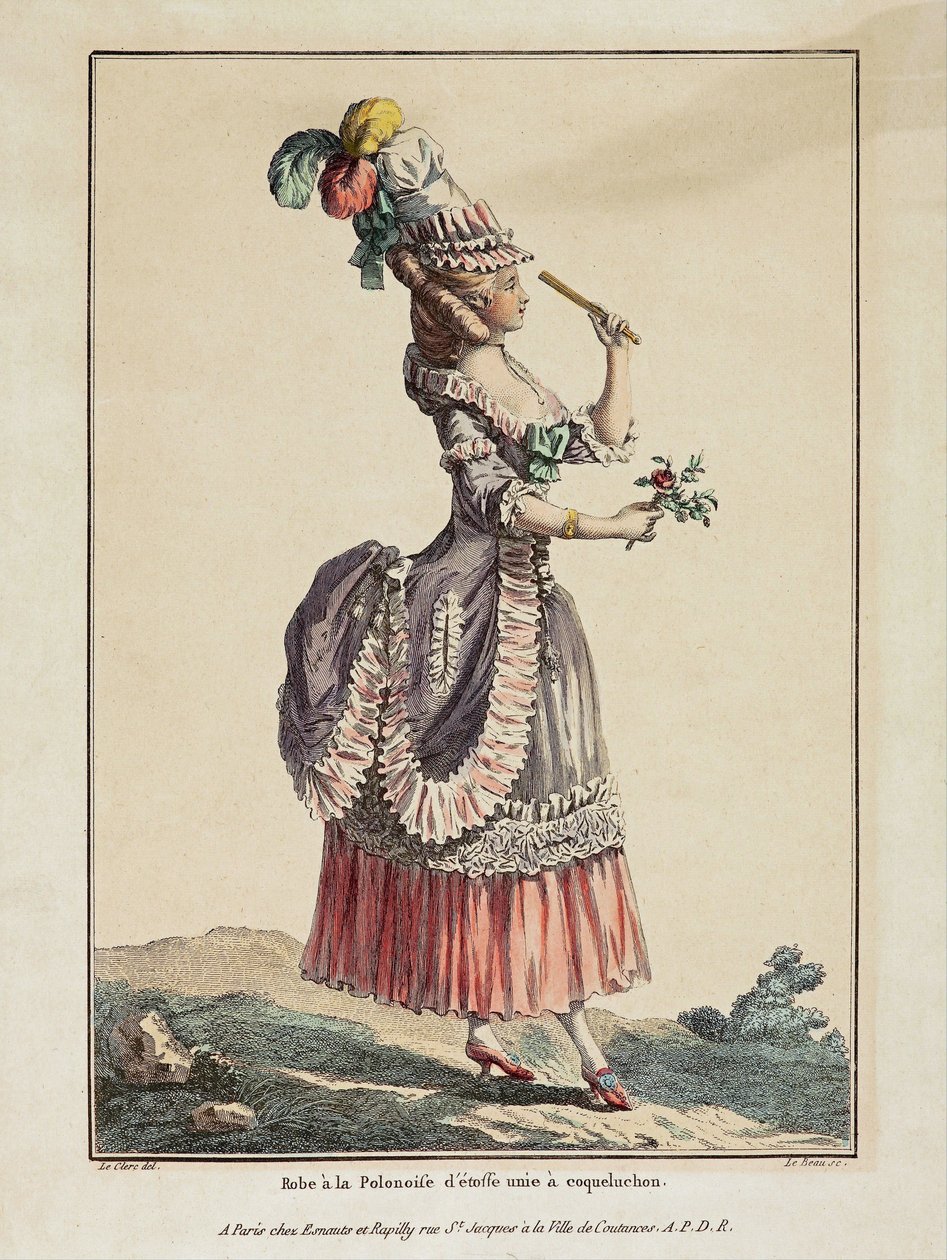 فستان بولندي من قماش عادي مع coqueluchon - عمل بيير توماس لو كليرك (1739-1796) ، نقش وألوان مائية ، مستخرج من معرض الصور والأزياء الفرنسية بواسطة بيير توماس لو كليرك