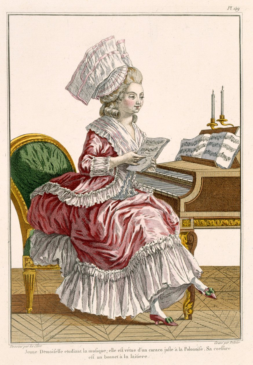 امرأة شابة تدرس الموسيقى في Harpsichord ، لوحة 149 من "Galerie des Modes et Costumes Francais" ، محفورة بواسطة J. Pelicier ، 1778 بواسطة بيير توماس لو كليرك