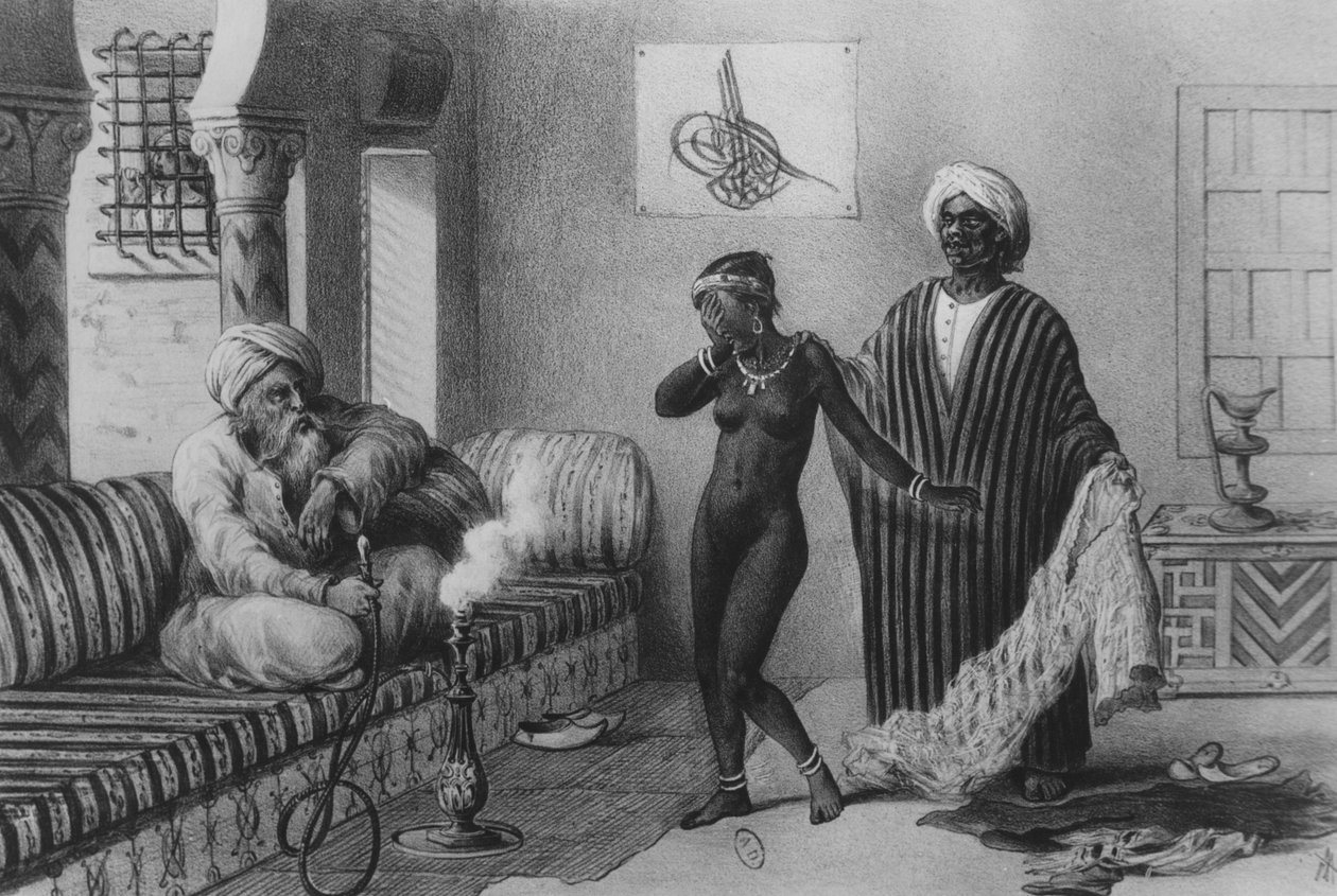 فتاة صغيرة من تمبكتو يقدمها سيد العبيد في طرابلس عام 1854 ، من "فويجز أو سودان وآخرون" "أفريك سيبتريونالي" ، نقشها أ. آدم ، 1850 بواسطة بيير تريماو