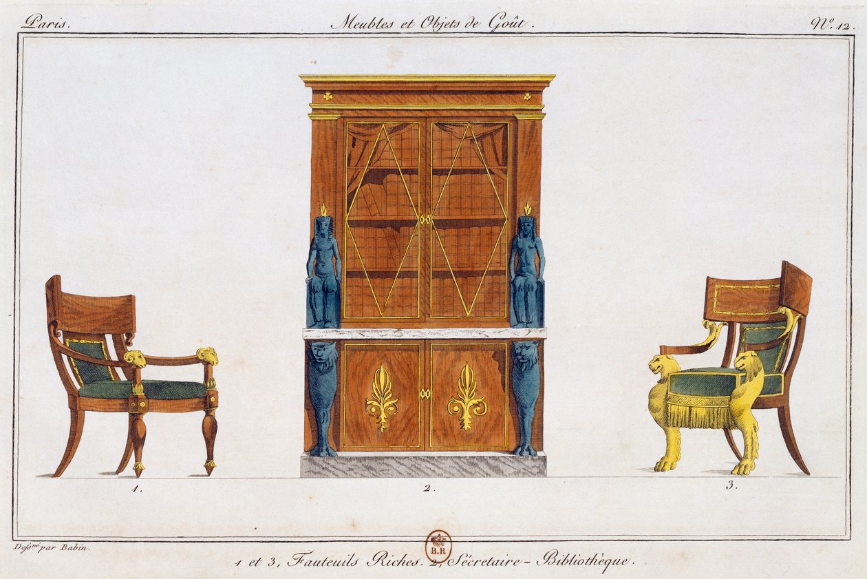 الكراسي ذات الذراعين ومكتب كتابة المكتبة ، اللوحة 12 ، رسم توضيحي من Collection de meubles et Objects de gout (مجموعة من الأثاث والأشياء ذات الذوق) بواسطة بيير دي لا ميسانجير