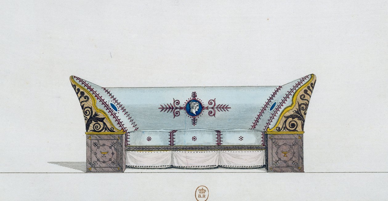 صوفا ، اللوحة 106 ، رسم توضيحي من Collection de Meubles et Objects de gout (مجموعة أثاث وأشياء من الذوق) بواسطة بيير دي لا ميسانجير