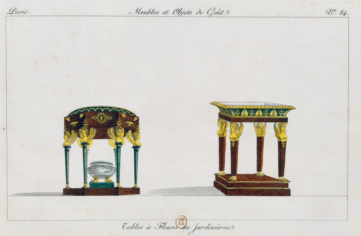 طاولات للزهور أو حاملات الزهور ، اللوحة 84 ، رسم توضيحي من Collection de meubles et Objects de gout (مجموعة من الأثاث والأشياء ذات الذوق) بواسطة بيير دي لا ميسانجير
