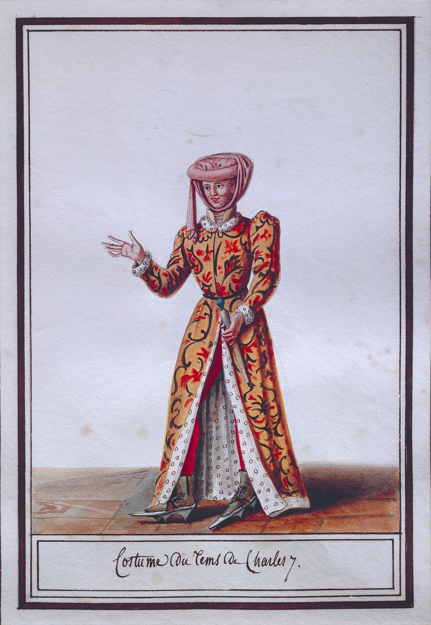 لوحة أزياء نسائية تصور زي زمن تشارلز السابع (1403-1461) ، بقلم بيير أنطوان ليبو دي لا ميسانجير (1761-1831) ، ألوان مائية بواسطة بيير دي لا ميسانجير