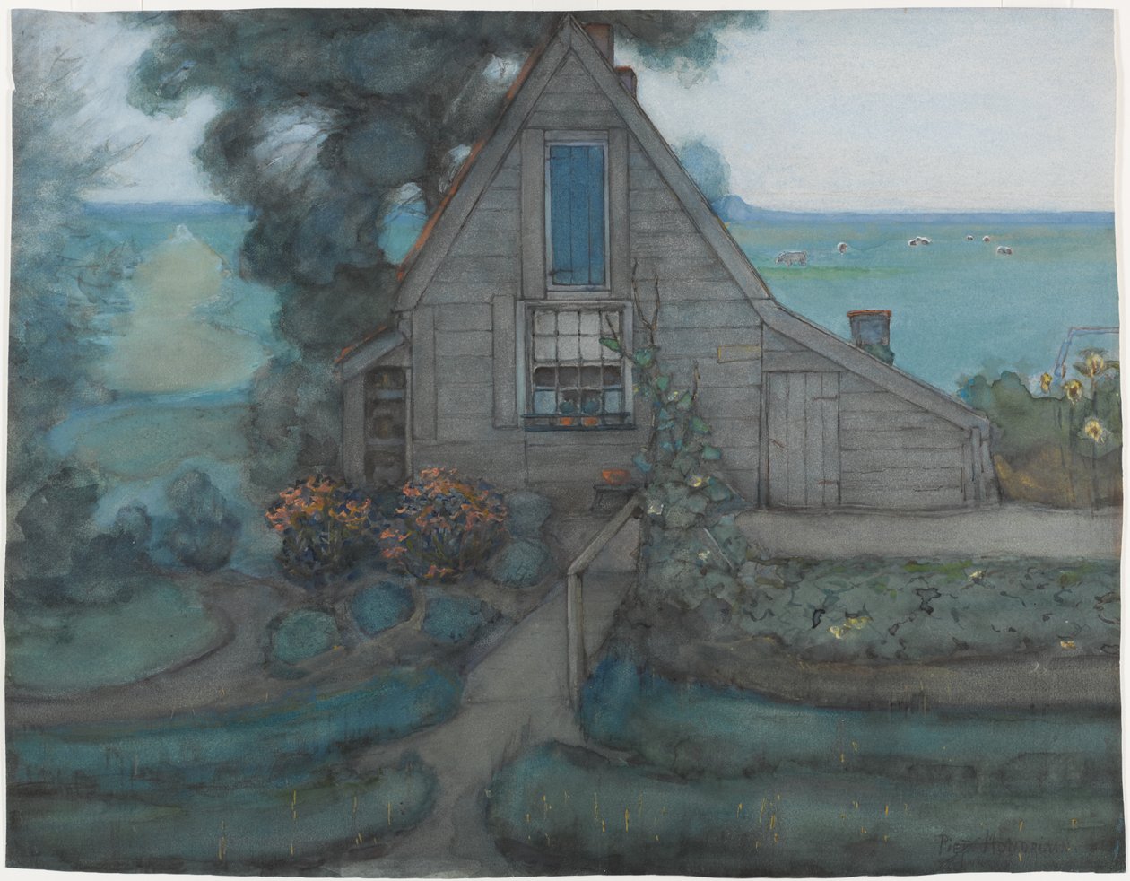 واجهة منزل المزرعة المثلثة مع Polder باللون الأزرق ، c.1900 (مرحاض وغواش على ورق) بواسطة بيت موندريان