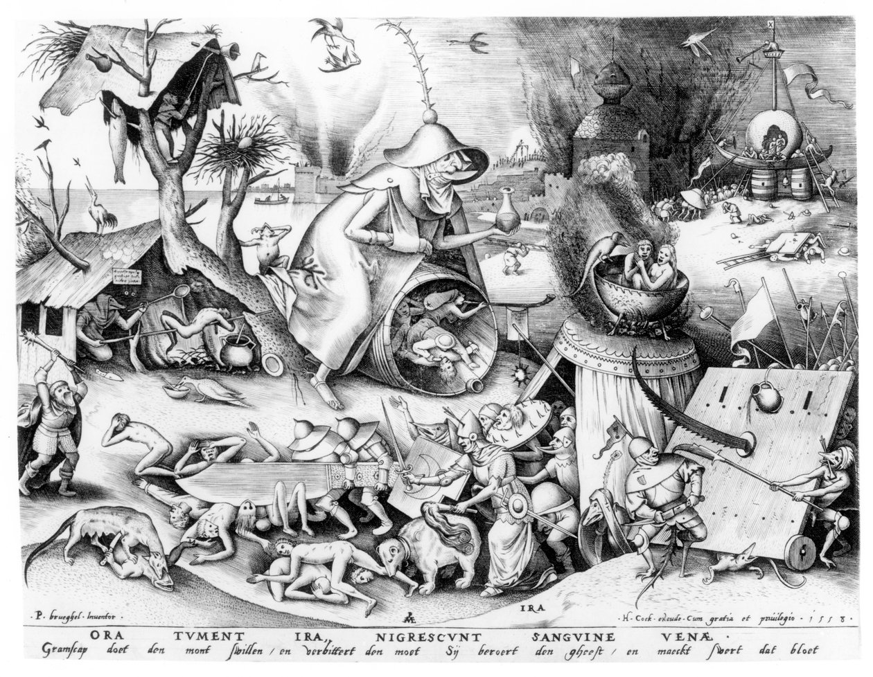 الغضب (Ira) ، من سلسلة The Seven Deadly Sins ، نقشها بيتر فان دير هايدن (c.1530-72) ونشرها Hieronymus Cock (c.1510-70) ، 1558 (النقش) بواسطة بيتر بروغل الأكبر