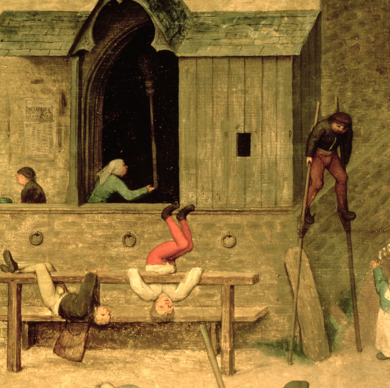 ألعاب الأطفال (Kinderspiele): تفاصيل صبي على ركائز وأطفال يلعبون في الأسهم ، 1560 (تفاصيل 68945) بواسطة بيتر بروغل الأكبر
