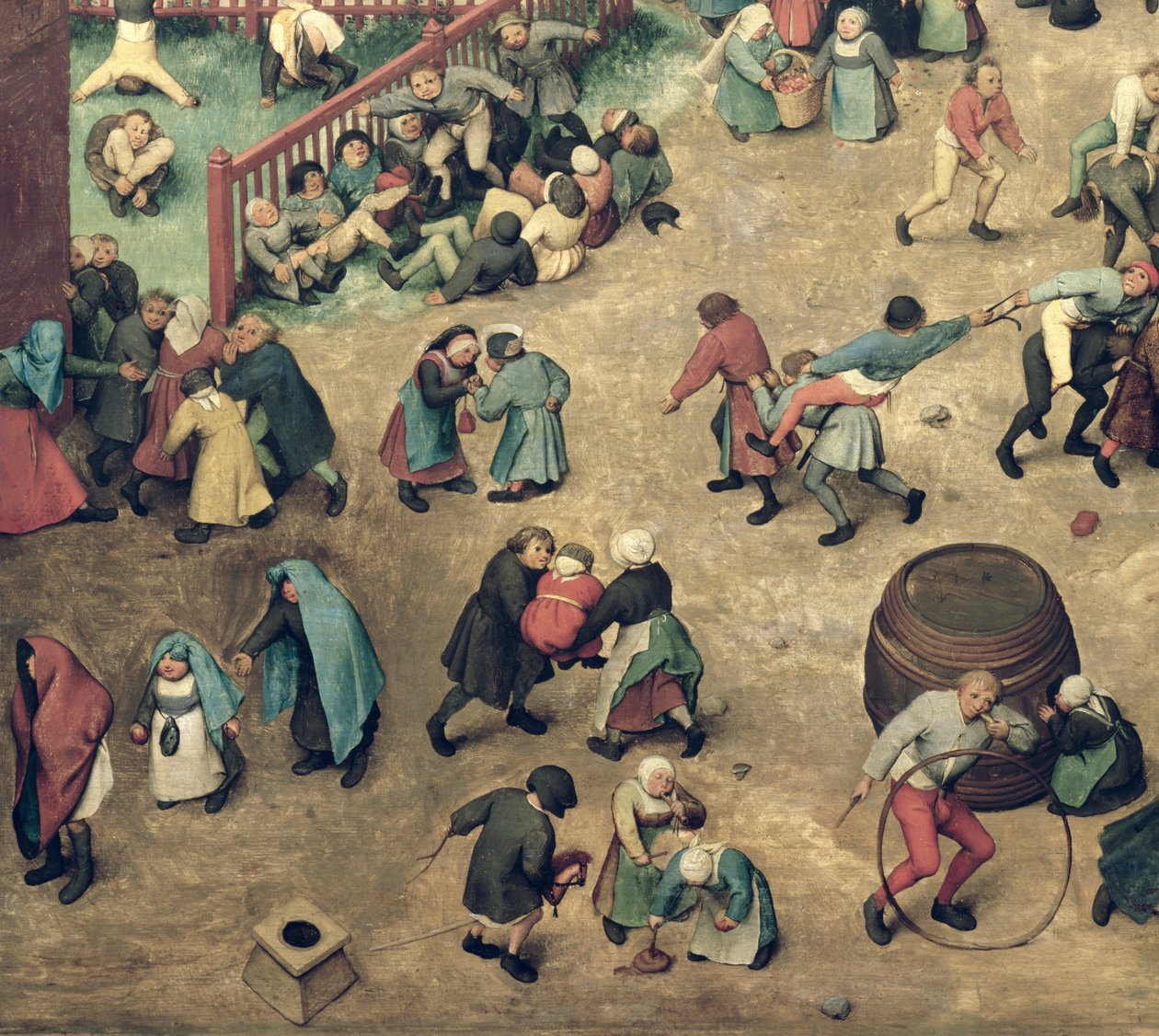 ألعاب الأطفال (Kinderspiele): تفاصيل القسم الأيسر الذي يعرض أطواق البولينج للأطفال ، والقيام بالمقابض اليدوية ، واللعب بركوب الخيل والألعاب الأخرى ، 1560 (تفاصيل 68945) بواسطة بيتر بروغل الأكبر