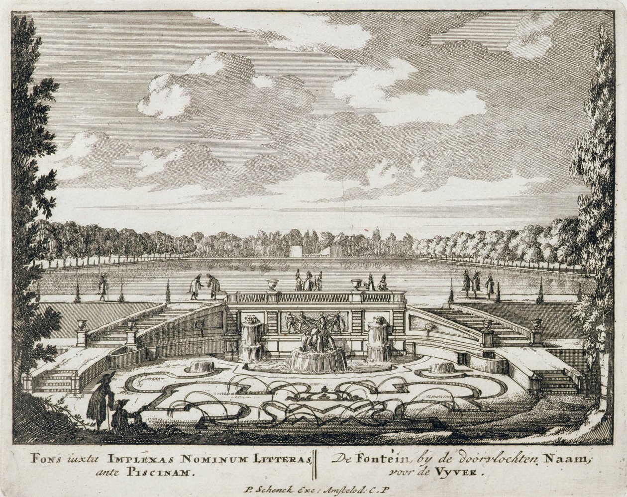نافورة ونفاثات مائية في حديقة رسمية هولندية ، من "Admirandorum Quadruplex Spectaculum" ، بقلم جان فان كول (1656-1703) ، نشرت قبل 1715 بواسطة بيتر شينك