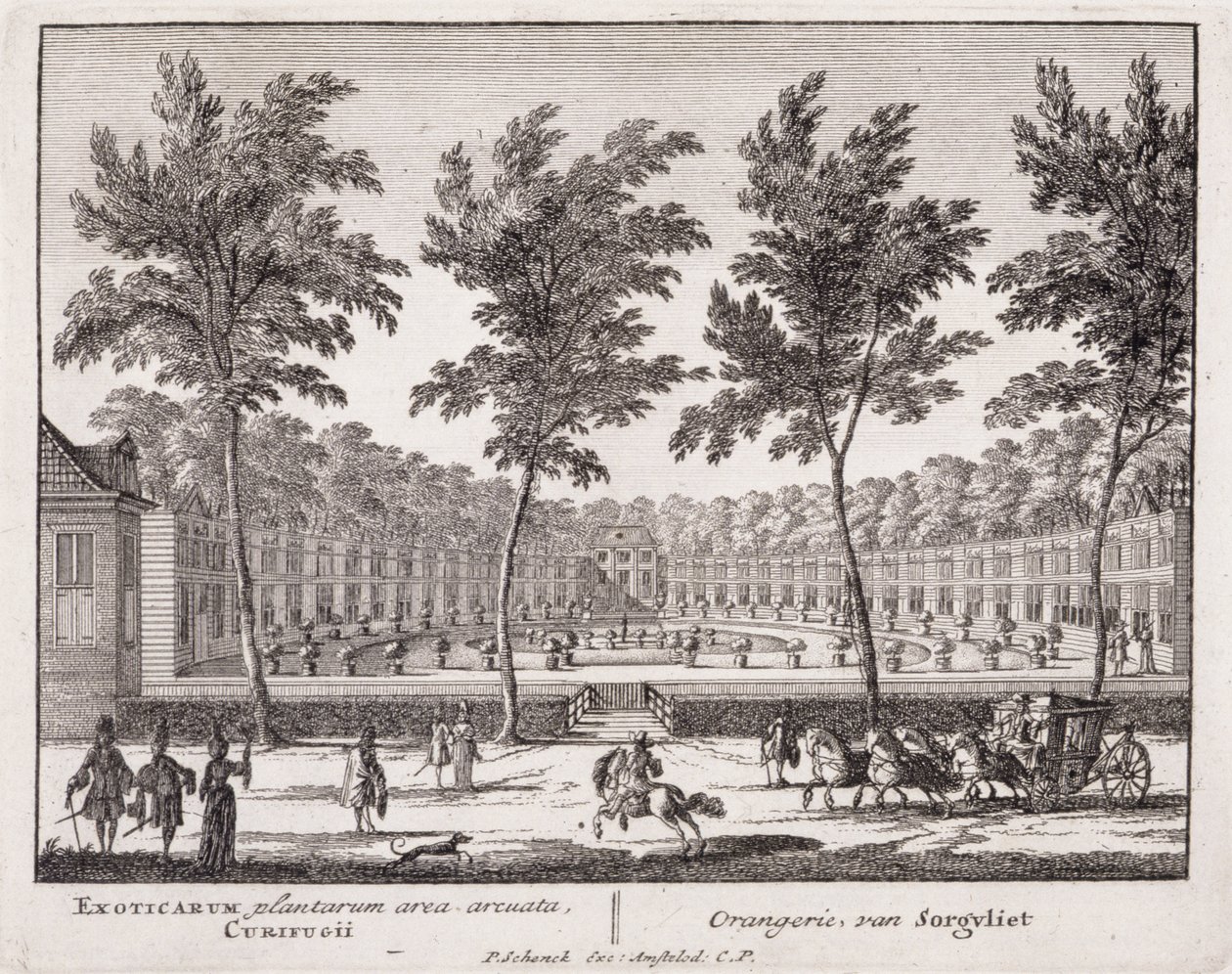 The Orangery at Sorvgliet ، من "Admirandorum Quadruplex Spectaculum" ، بقلم جان فان كول (1656-1703) ، المنشور قبل 1715 (انظر أيضًا 173851) بواسطة بيتر شينك