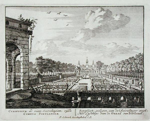 المنزل والحديقة في Sorgvliet ، مقر هانز ويليم بينتينك (1649-1709) ، أول إيرل بورتلاند ، من Admirandorum Quadruplex Spectaculum ، من قبل جان فان كول (1656-1703) ، نشر قبل 1715 (engravi بواسطة بيتر شينك