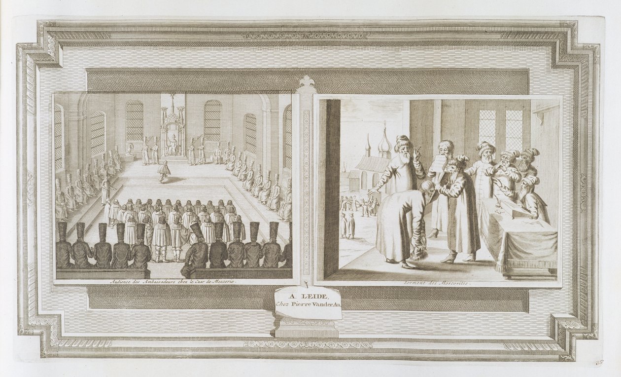 مشاهد تصور جمهورًا من السفراء مع قيصر روسيا وموسكوفيت يعلنون اليمين ، من "La Galerie Agreable du Monde" ، 1729 بواسطة بيتر فان دير آ