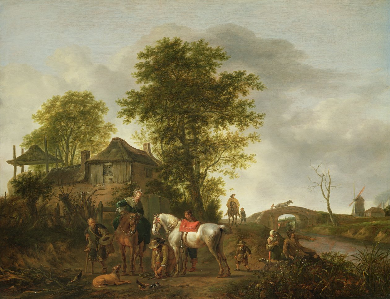 منظر طبيعي مع كوخ وفرسان بواسطة بيتر Wouwermans أو Wouwerman