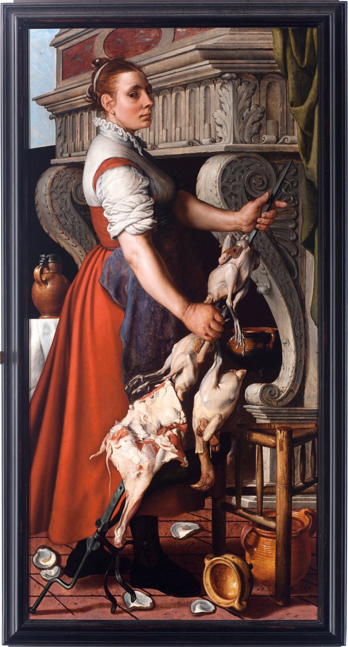 طباخ (طباخ) امرأة شابة تطريز الدواجن على بصق الموقد - رسم بيتر أرتسن (1508-1575) 1559 خافت 165x85 سم الجينات ، Musei di Strada Nuova (سابقًا Palazzo Bianco) بواسطة بيتر أيرتسين