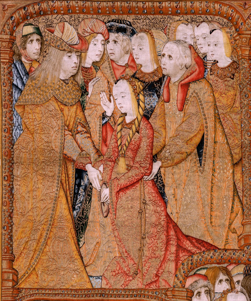 نسيج فلمنكي. سلسلة انتصارات الأم أو Paños de Oro. أرسل الله الملاك جبرائيل (Dios envía al Arcángel Gabriel). النسيج الأول في السلسلة. الموديل Colin de Cooter (؟). المُصنع Pieter van Aelst (أو van Edingen) ، بروكسل. Ca1500-1502. F بواسطة بيتر (Attr. to) Coecke van Aelst