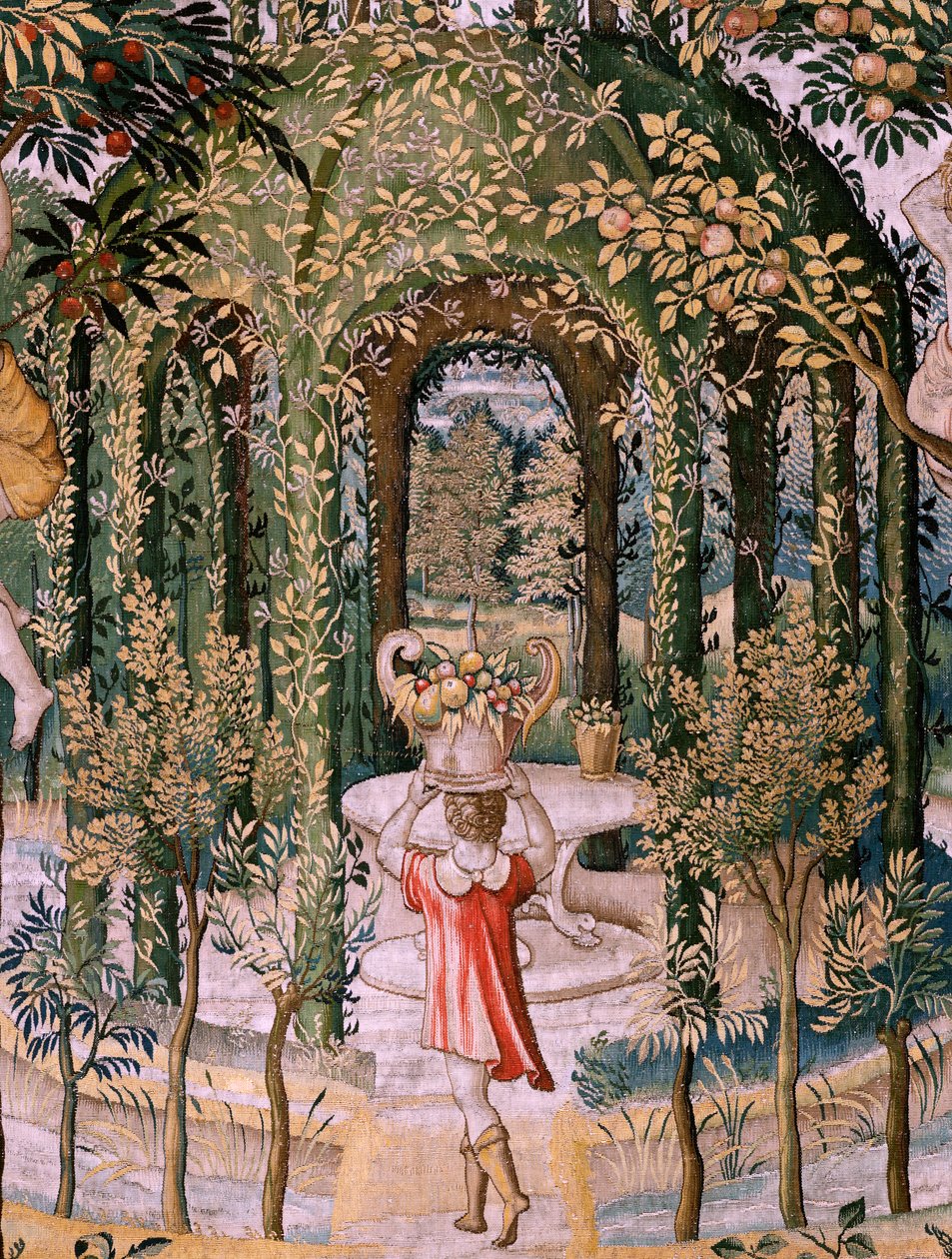 نسيج فلمنكي. سلسلة Vertumnus و Pomona ؛ تحول Vertumnus إلى بستاني (Vertumno transformado en jardinero). النسيج الخامس في السلسلة. نموذج دائرة بيتر كويك فان إيلست وليونارد تيري. تصنيع ورشة عمل غير معروفة ، بروكسل ، بيفو بواسطة بيتر (دائرة) كوك فان إيلست