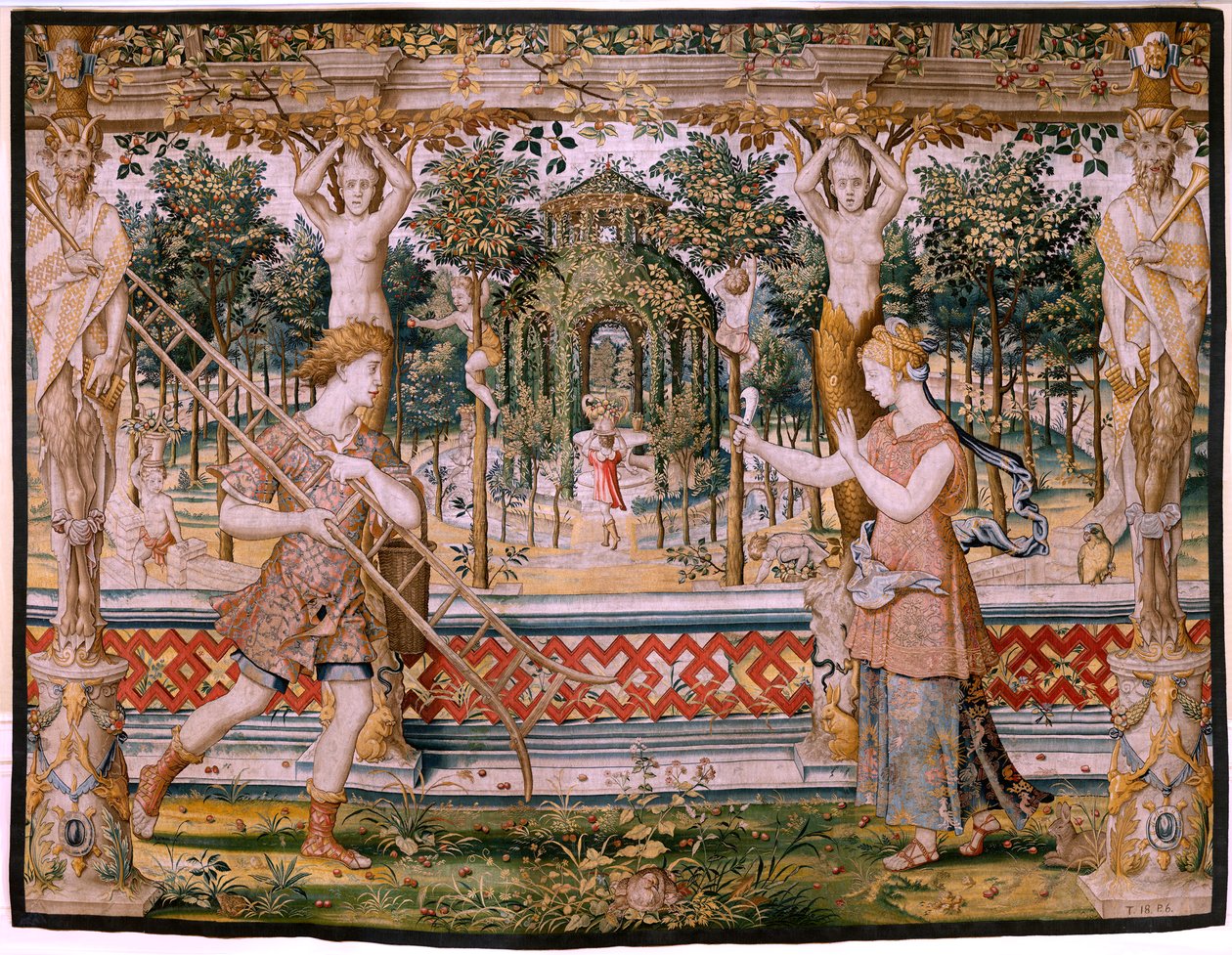 نسيج فلمنكي. سلسلة Vertumnus و Pomona ؛ تحول Vertumnus إلى بستاني (Vertumno transformado en jardinero). النسيج الخامس في السلسلة. نموذج دائرة بيتر كويك فان إيلست وليونارد تيري. تصنيع ورشة عمل غير معروفة ، بروكسل ، بيفو بواسطة بيتر (دائرة) كوك فان إيلست