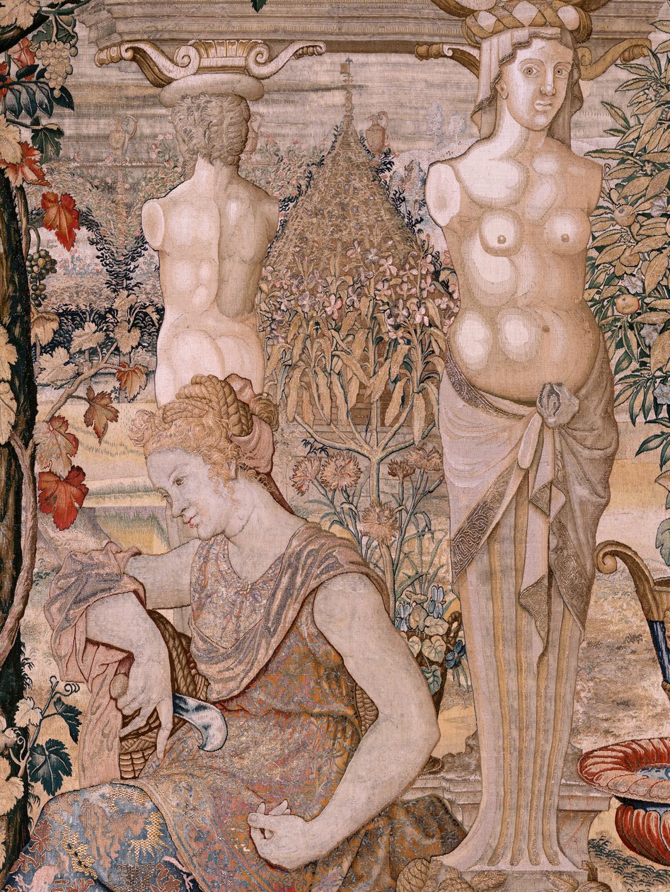 نسيج فلمنكي. سلسلة Vertumnus و Pomona. تحولت Vertumnus إلى امرأة عجوز. تحولت Vertumnus إلى امرأة عجوز. النسيج السادس في السلسلة. نموذج دائرة بيتر كوك فان إيلست. مصنع فيلهلم بانميكر ، بروكسل. كاليفورنيا 1545-1550. بواسطة بيتر (دائرة) كوك فان إيلست