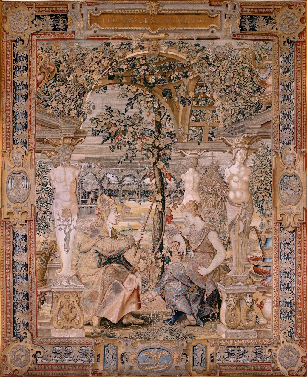 نسيج فلمنكي. سلسلة Vertumnus و Pomona. تحولت Vertumnus إلى امرأة عجوز. تحولت Vertumnus إلى امرأة عجوز. النسيج السادس في السلسلة. نموذج دائرة بيتر كوك فان إيلست. مصنع فيلهلم بانميكر ، بروكسل. Ca1545-1550. F بواسطة بيتر (دائرة) كوك فان إيلست