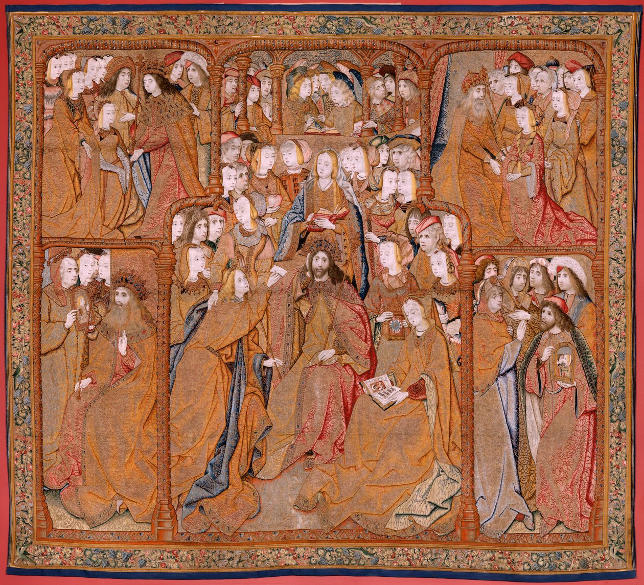 نسيج فلمنكي. سلسلة انتصارات الأم أو Paños de Oro. البشارة (لا أنونسياسيون). النسيج الثاني في السلسلة. الموديل Colin de Cooter (؟). المُصنع Pieter van Aelst (أو van Edingen) ، بروكسل. كاليفورنيا 1500-1502. النسيج الذهب والفضة والحرير و wo بواسطة بيتر (استوديو) Coecke van Aelst