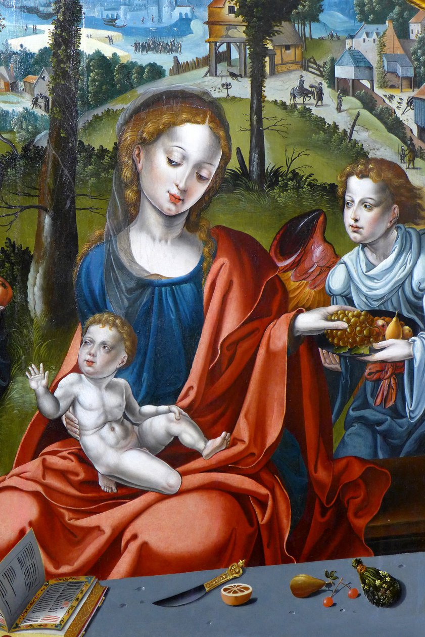 مريم ، الطفل يسوع وملاك. التفاصيل الثلاثية للعائلة المقدسة بواسطة بيتر (استوديو) Coecke van Aelst