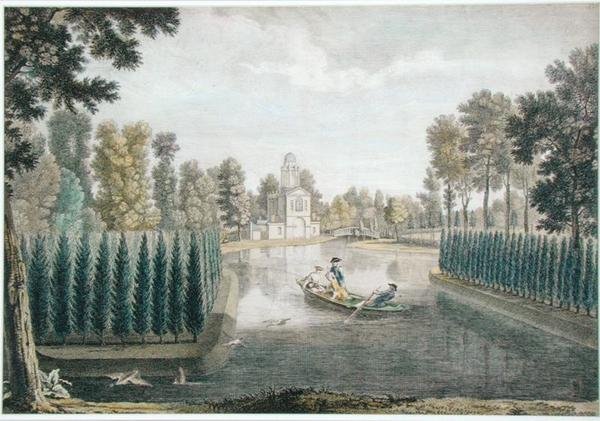 The Water Gardens at Chiswick House، London، c.1720-28 (نقش ملون) (انظر أيضًا 176474) بواسطة بيتر أندرياس (بعد) ريسبراك