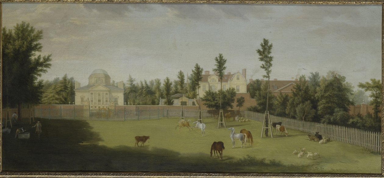 View of the new villa, old house and stables from across Burlington Lane, Chiswick Villa (oil on canvas) بواسطة بيتر أندرياس ريسبراك