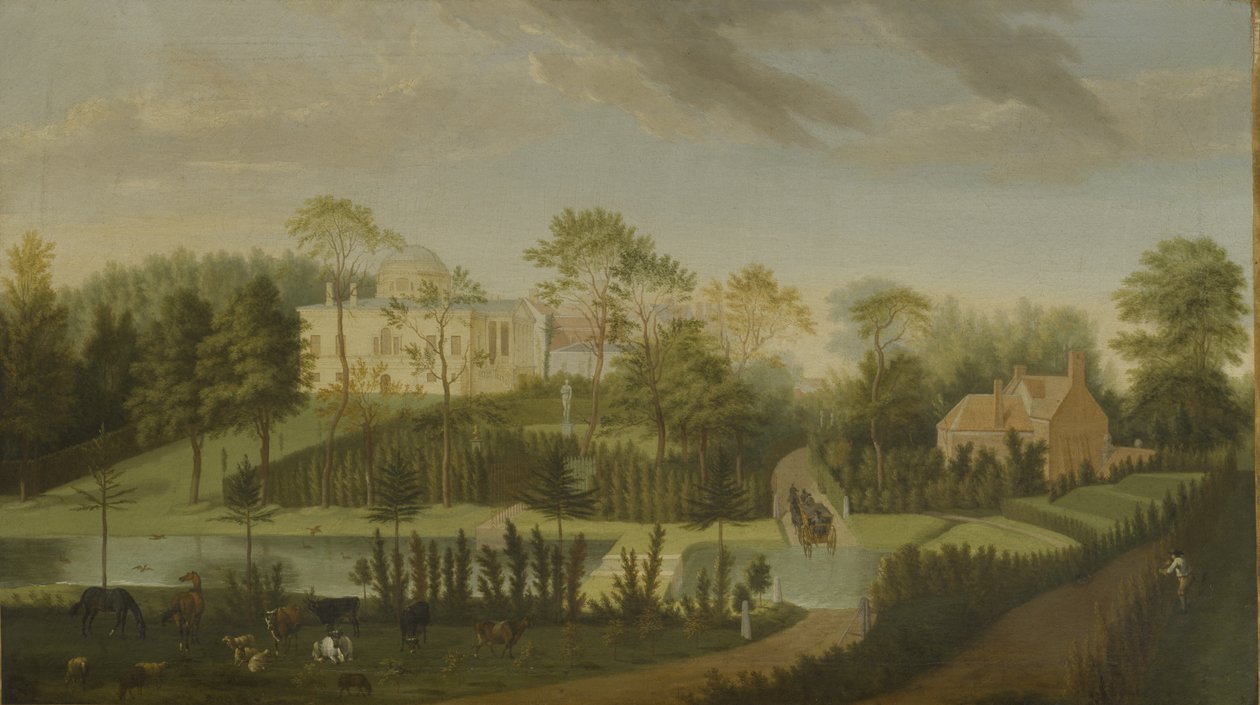View of the terrace looking across the canal to the side of the villa, Chiswick Villa (oil on canvas) بواسطة بيتر أندرياس ريسبراك