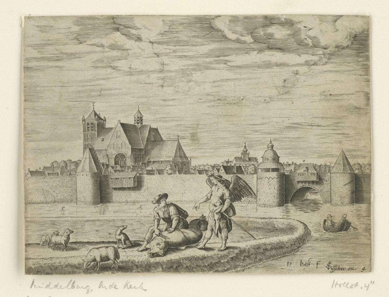 توبياس والملاك. في الخلفية Oude Kerk في Middelburg مناظر طبيعية بمشاهد من الكتاب المقدس (عنوان المسلسل) بواسطة بيتر باست