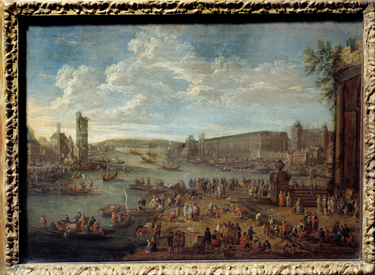 منظر لمتحف اللوفر وبرج نيسلي مأخوذ من Ile de la Cite في باريس. لوحة بيتر لي كاستيلز (1684-1749) بواسطة بيتر كاستيلز