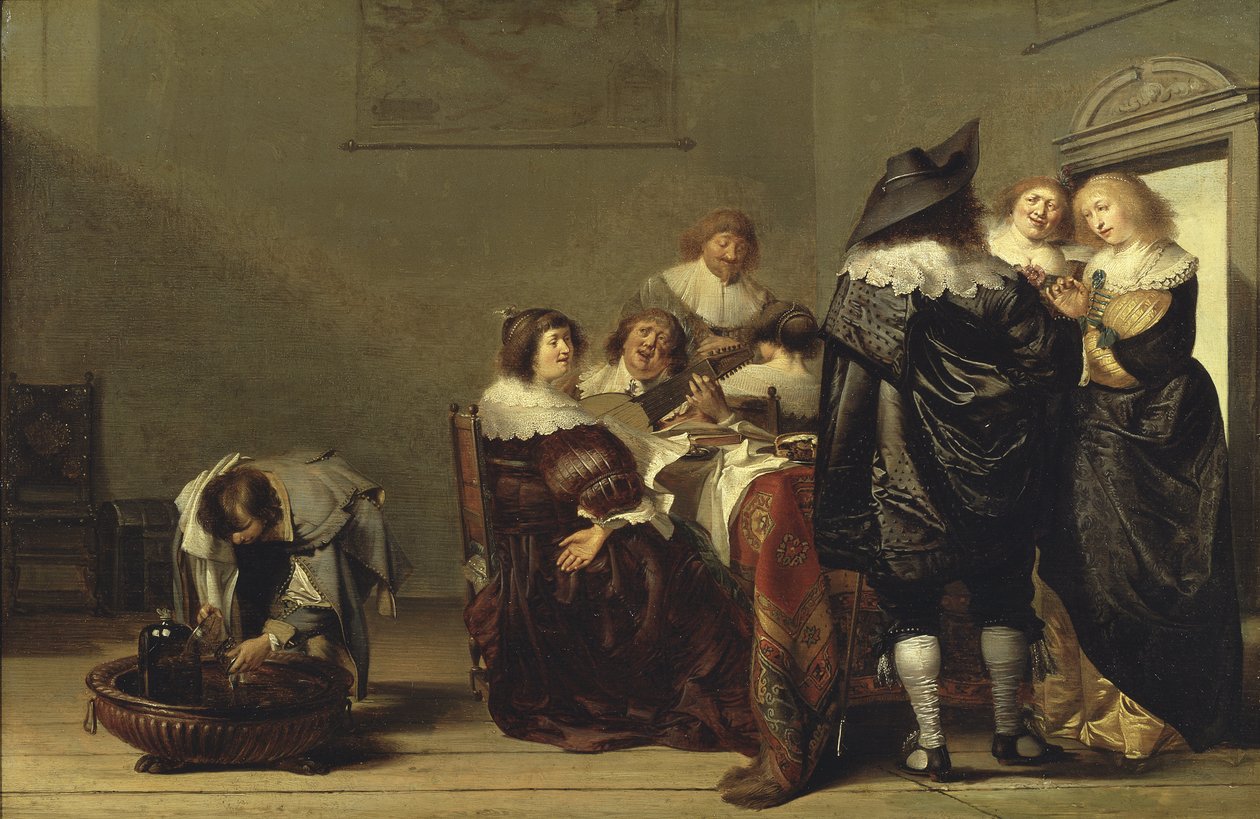 Une fete musicale - حفلة موسيقية لكود ، بيتر (1599-1678). زيت على خشب. الأبعاد: 35.5 × 52.5 سم. المتحف الوطني ستوكهولم بواسطة بيتر كود