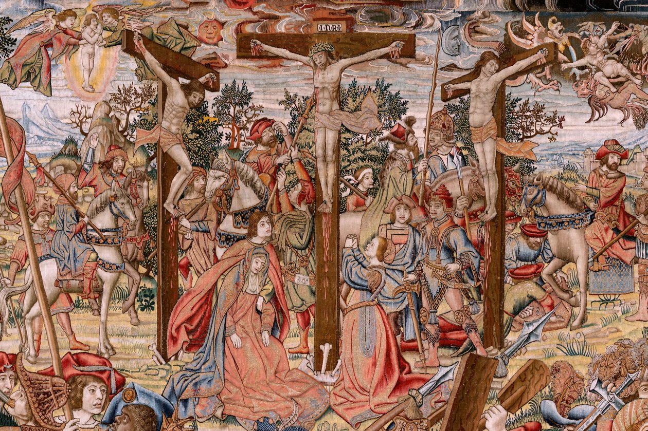 نسيج فلمنكي. سلسلة آلام المسيح ؛ الطريق إلى الجلجثة ولقاء فيرونيكا (Camino del Calvario y encuentro con la Verónica). أول نسيج من تلك المحفوظة في التراث الوطني. نموذج رسامي كاريكاتير من دائرة جان فان روم وبرن بواسطة بيتر كويك فان إيلست