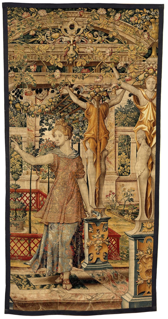 Vertumnus و Pomona: تحول Vertumnus إلى مزارع ، حوالي 1550 (ذهب ، صوف وحرير) بواسطة بيتر كويك فان إيلست