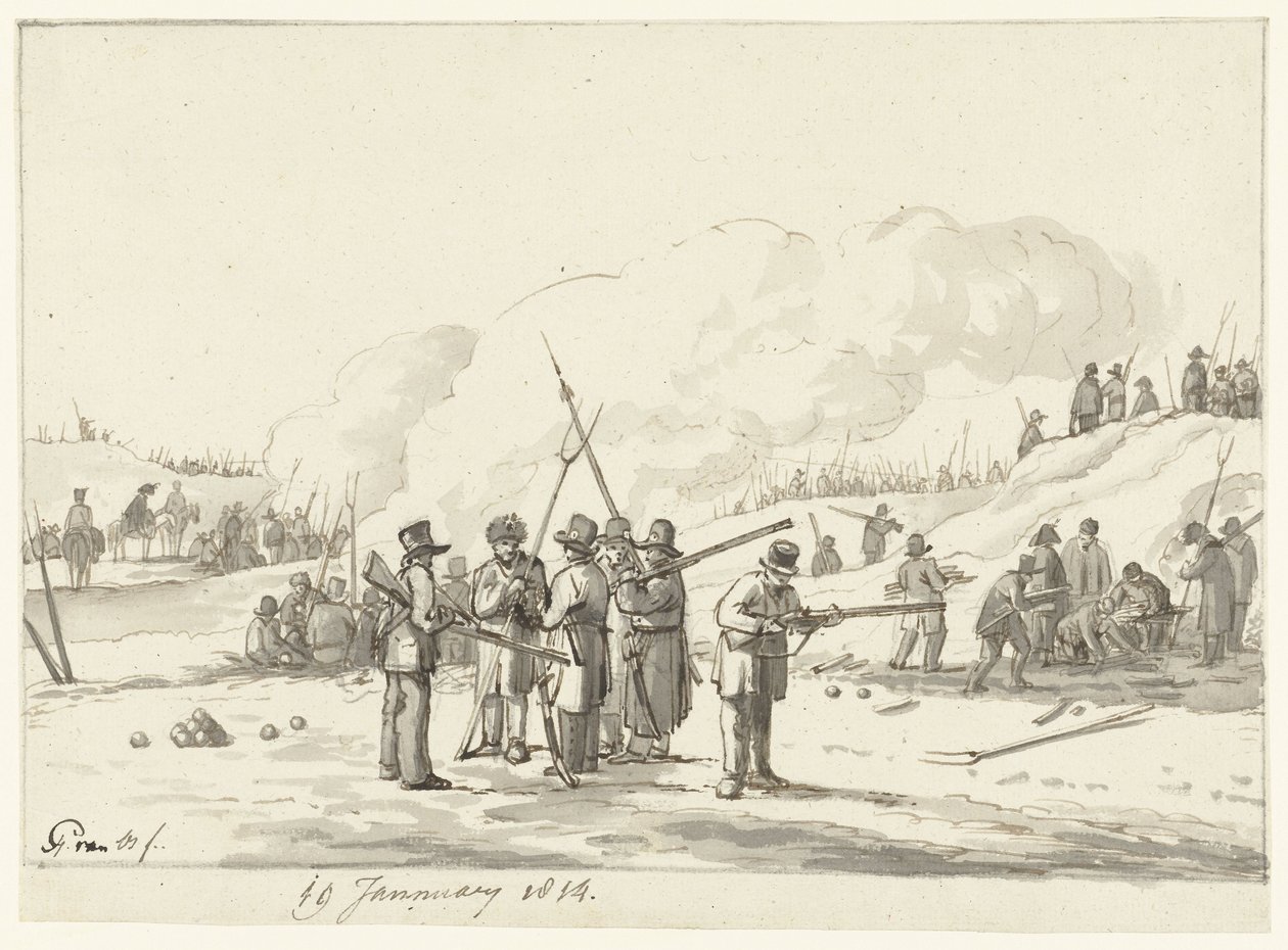 معسكر للمدنيين في الكثبان الرملية في شمال هولندا ، 19 يناير 1814 بواسطة بيتر جيراردوس فان أوس (بتوقيع الفنان)