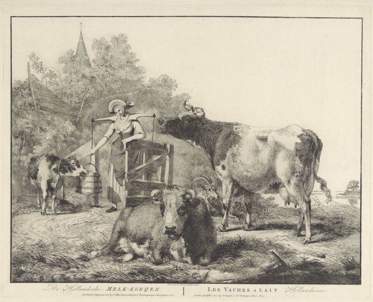 الأبقار وخادمة اللبن The Hollandsche Melk-koeijen / Les vaches â lait hollandaises (العنوان على الكائن) بواسطة بيتر جيراردوس فان أوس