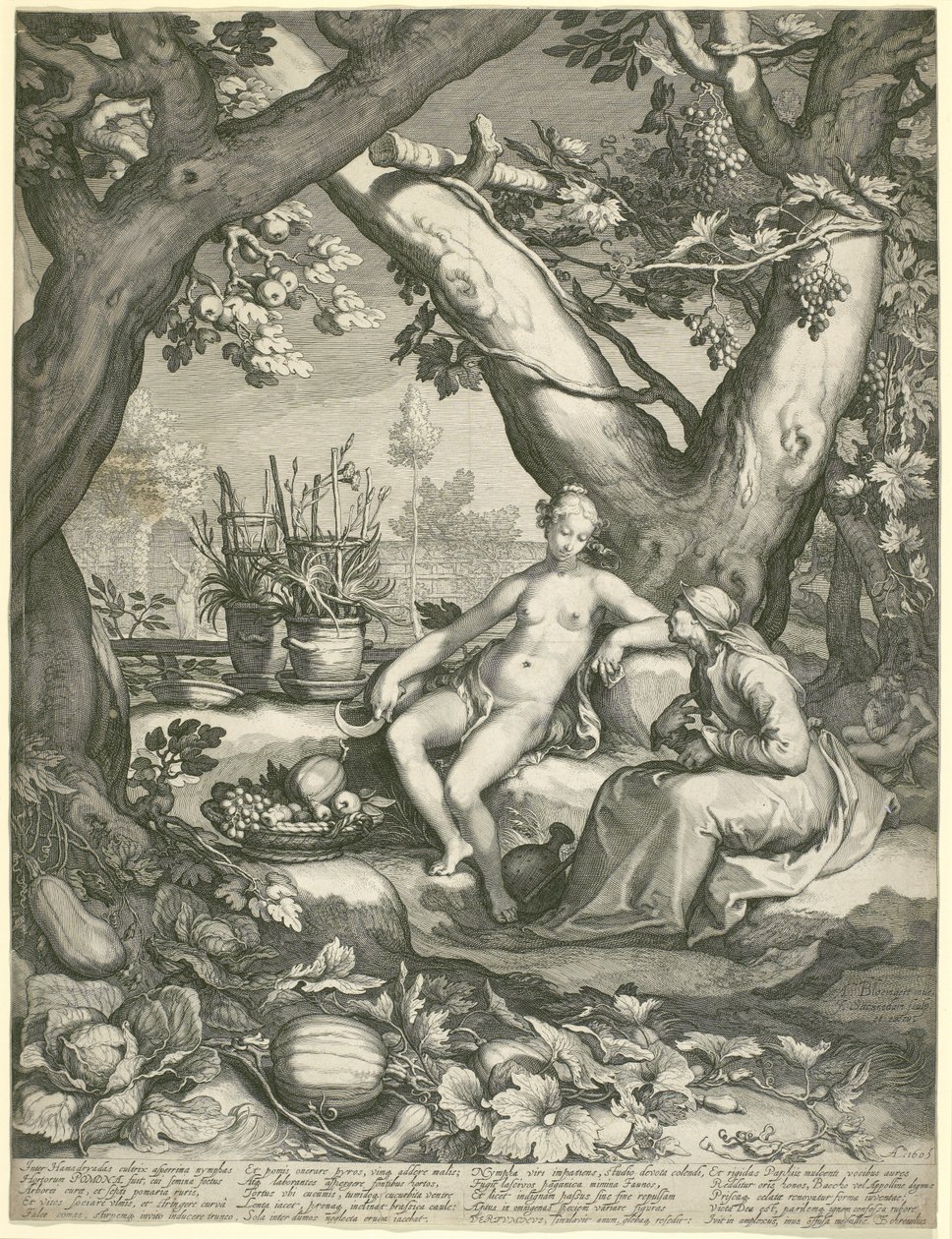 Vertumnus اقتراض شكل امرأة عجوز لكسب حب بوموناس ، 1605 (النقش على ورق مسدود) بواسطة بيتر جانزون ساونريدام
