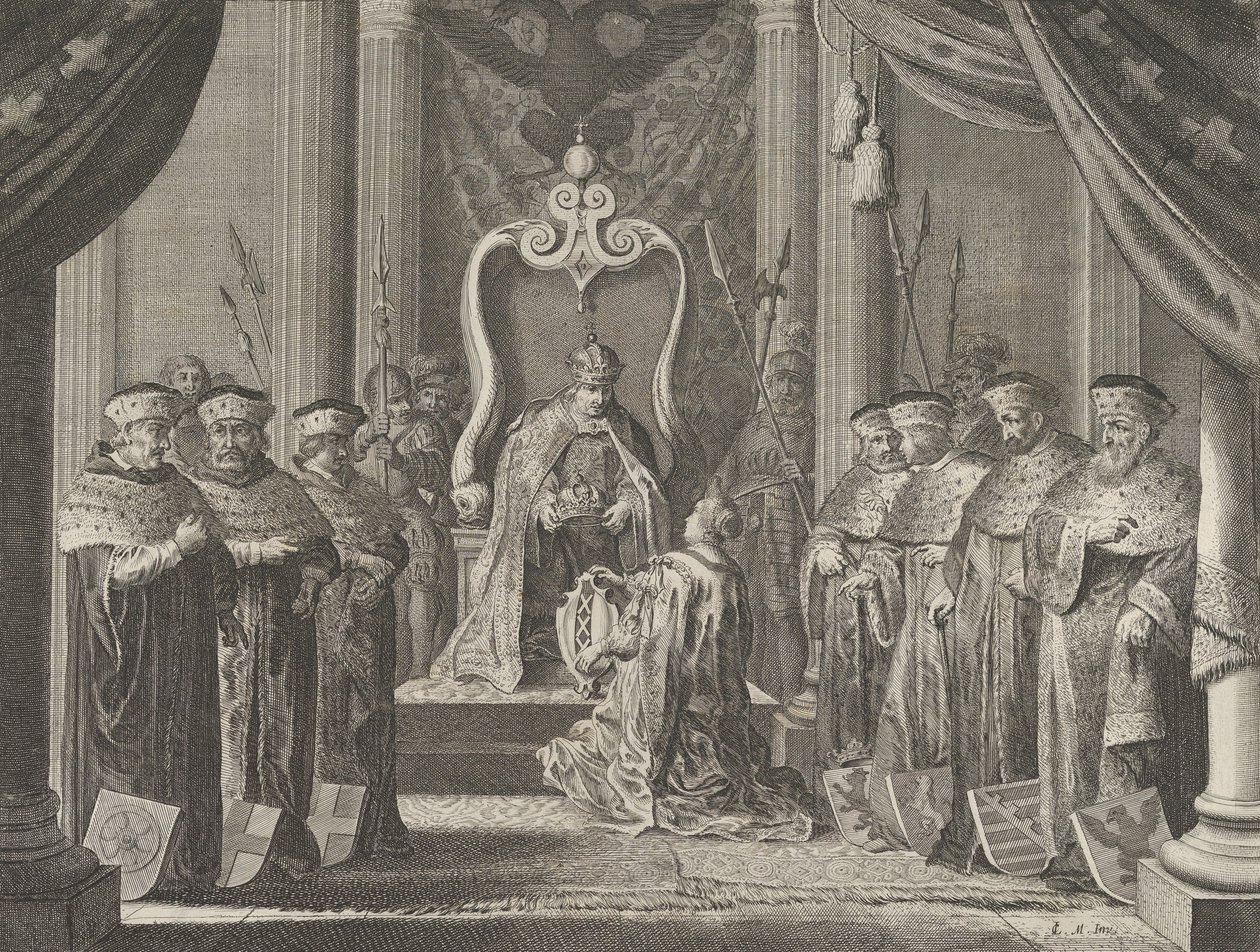 اللوحة 8: منح الإمبراطور ماكسيميليان الثاني تاجًا لشعار نبالة أمستردام ، من كاس ... ، 1638. بواسطة بيتر نولبي