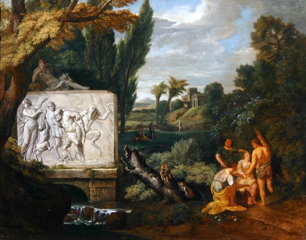 منظر طبيعي كلاسيكي مع عذارى يرقصن بجوار تابوت يصور انتصار Silenus (زيت على قماش) بواسطة بيتر ريسبراك