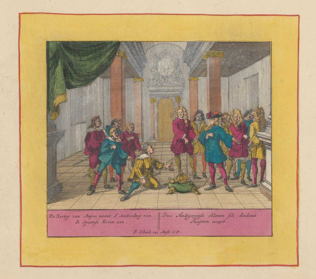 دوق فيليب من أنجو يقبل التاج الإسباني عام 1700 يقبل دوق أنجو عرض التاج الإسباني (...) (العنوان على الكائن) مسرح الحرب ، بداية الملك تشارلز الثاني. حتى الملك تشارلز الثالث. موجود في التاسع بواسطة بيتر شينك (أنا)
