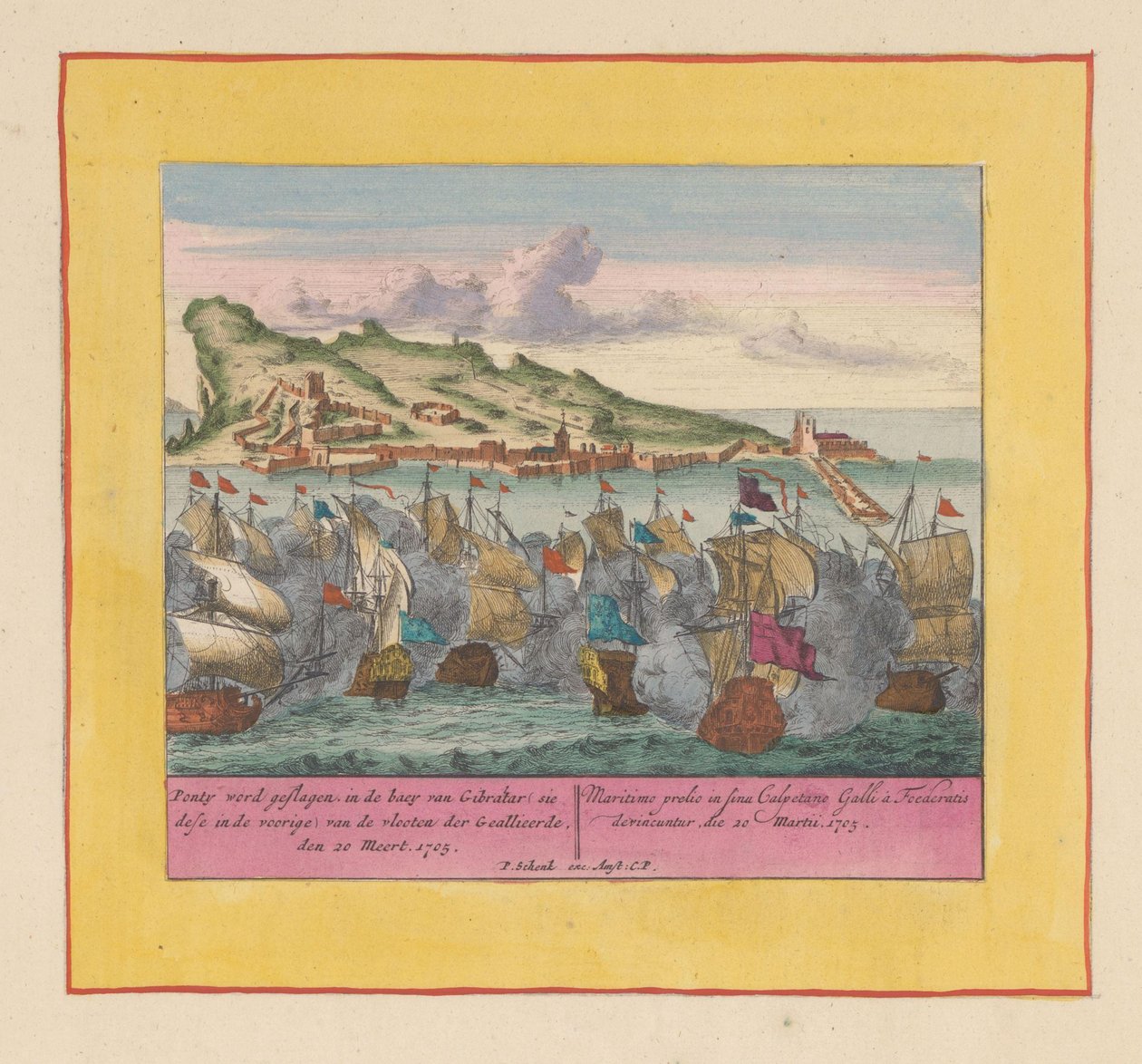 معركة جبل طارق ، 1705 هُزِم بونتي ، في خليج جبل طارق (الصورة في المقدمة) لأساطيل الحلفاء ، دن 20 ميرت ، 1705 (العنوان على الشيء) مسرح الحرب ، بداية الملك تشارلز الثاني. حتى عرين الملك كاريل بواسطة بيتر شينك (أنا)