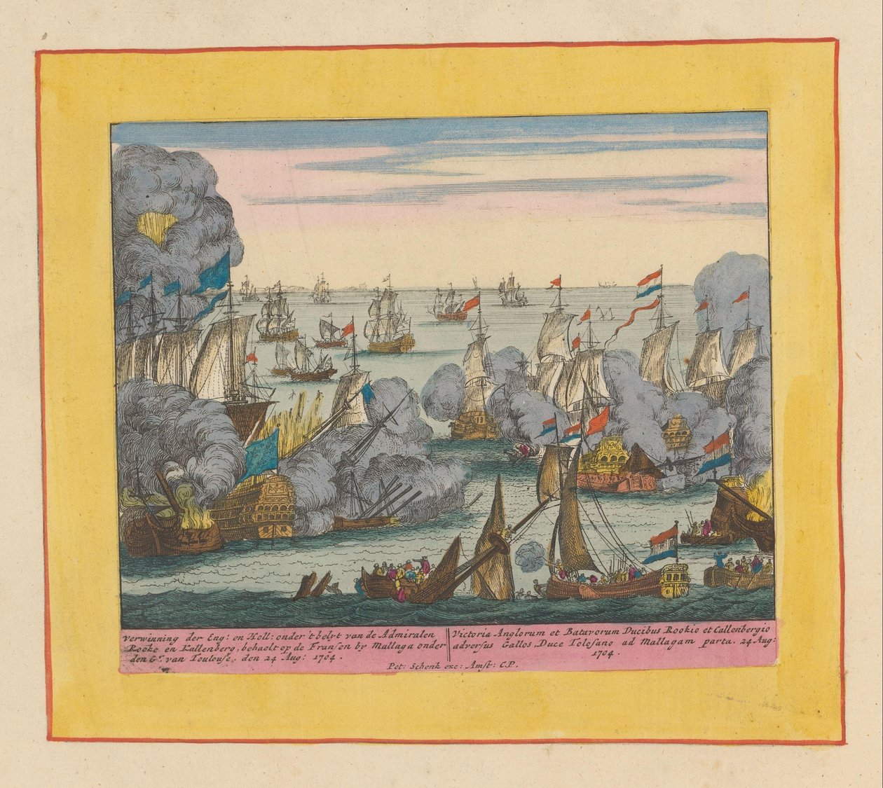 معركة ملقة البحرية ، 1704 Verwinning der Eng en Holl: تحت بيليت من Admirals Rooke و Kallenberg (...) (العنوان على الكائن) مسرح الحرب ، بداية الملك تشارلز الثاني. حتى الملك تشارلز الثالث. موجود في التاسع. التين التاريخي بواسطة بيتر شينك (أنا)