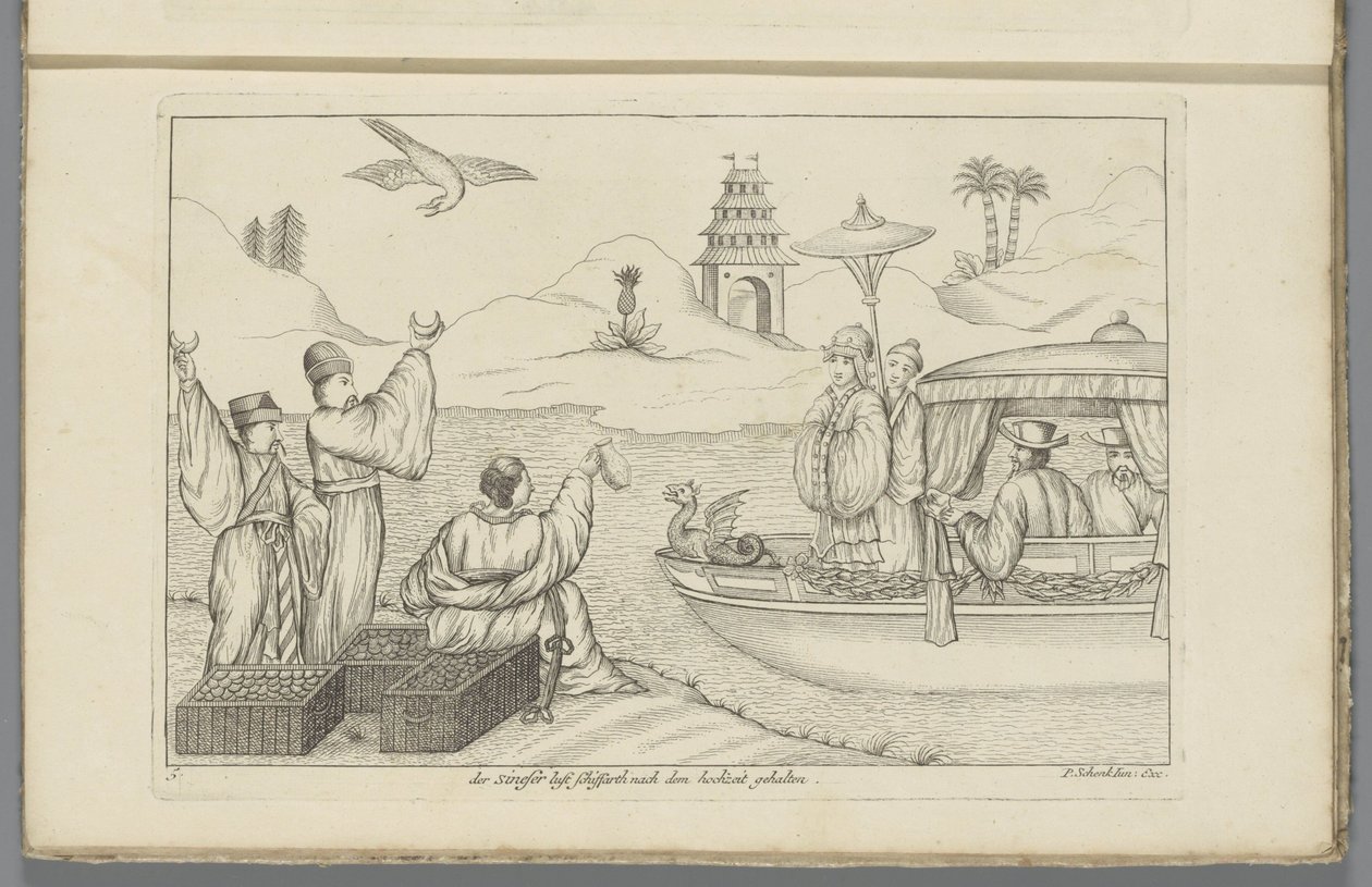 رحلة بحرية بعد حفل زفاف صيني محتويات Der Sineser شهوة Schiffarth nach dem hochzeit (العنوان على الكائن) الجمارك الصينية (عنوان المسلسل) بواسطة بيتر شينك (الثاني)